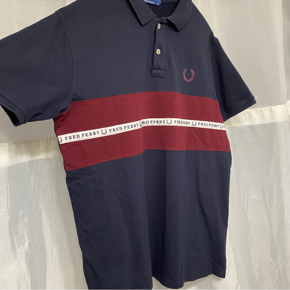 Fred Perry Polo Shirt Men’s XL Navy Burgundy Logo Stripe Laurel Wreath